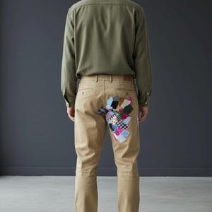 Upcycled Khaki Chino Pants | Patchwork Cat Silhouette Boho Trousers (Men's 32)