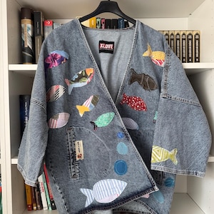 Custom Upcycled Jacket or Shirt with Handcrafted Patch | Choose Cats, Fish, Beetle or Pomegranate Branch | Send Your Own Clothing