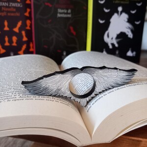 Könnte beinhalten: Ein dekorativer Buchring in Form von Engelsflügeln, der auf den offenen Seiten eines Buches liegt. Der Ring ist schwarz und grau, mit detaillierten Federn. Mehrere Bücher sind im Hintergrund.
