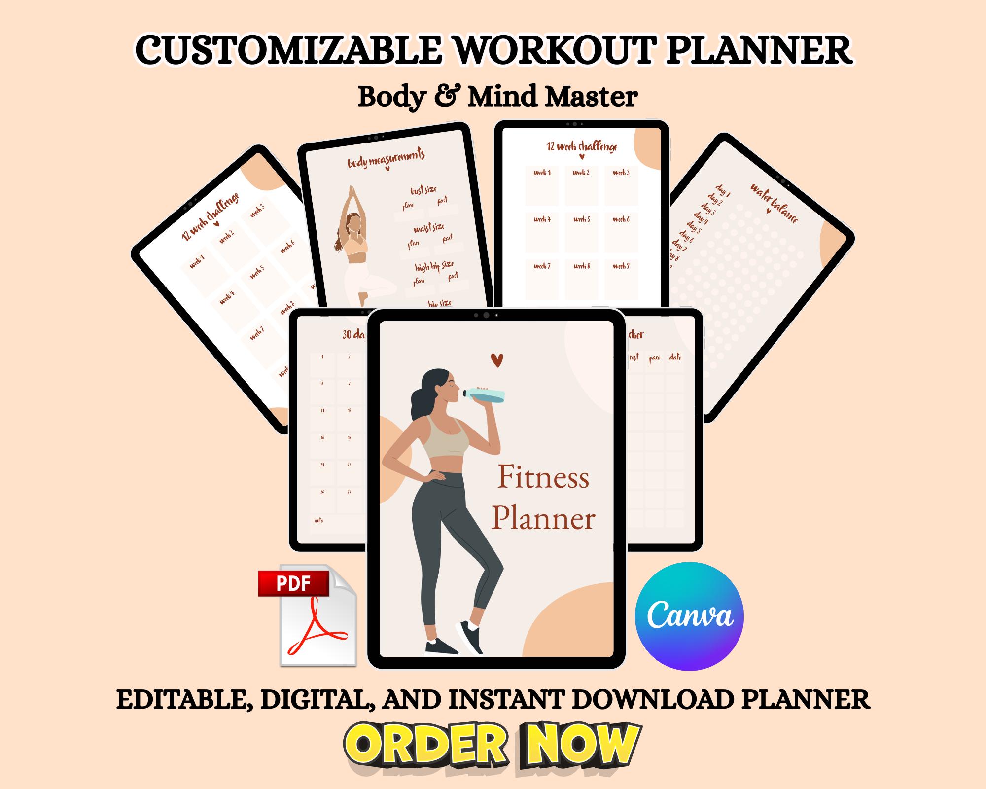 Editable Fitness Planner | Workout Tracker, Meal Log & Wellness Journal ...