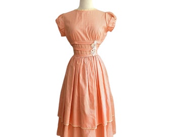 RESERVED for Kasey! Vintage 50s orange and white summer cotton day dress – 50s Mad Men  dress-full skirt- small