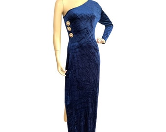 Vintage 80s one shoulder deep blue velvet gown - 1980s sexy body hugging floor length party evening dress - medium