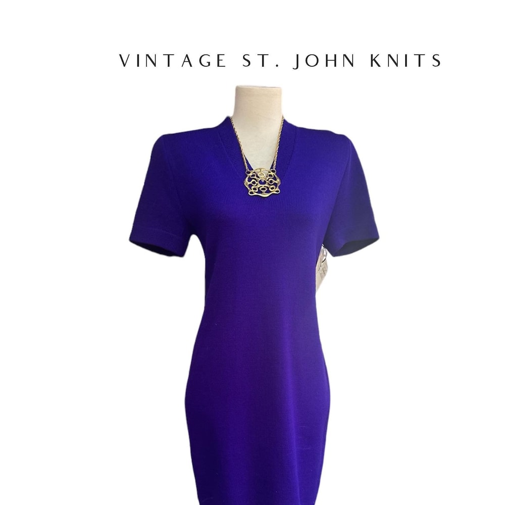 1980s St John Purple Knit Dress with Shoulder Pads and Gold Button Front
