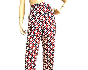 Vintage 70's high waisted retro pants- 1970s red white and blue chain link design slacks-small