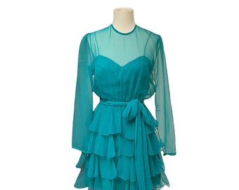 Vintage 60s emerald green ruffled cocktail dress- 60s Miss Elliette chiffon mini party dress- small