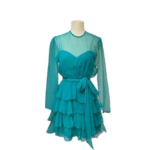 Vintage 60s emerald green ruffled cocktail dress- 60s Miss Elliette chiffon mini party dress- small