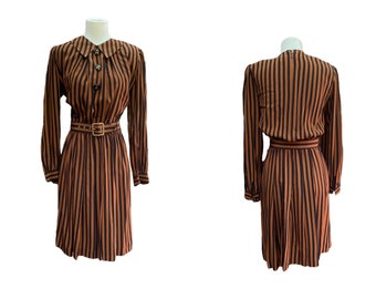 Vintage 80s ADOLFO designer silk day dress- 1980s brown and black striped belted dress- medium