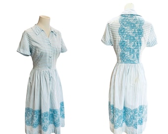 Vintage 50s blue and white striped day dress- 1950s Lucy cotton dress-medium