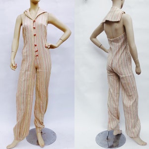 Vintage 70s retro gauze off white striped jumpsuit- 1970s backless funky summer jumpsuit- small