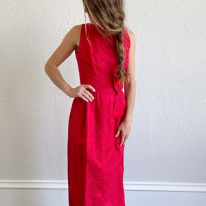 Stunning vintage 50s red damask floor length formal dress – 1950s Audrey evening dress- small