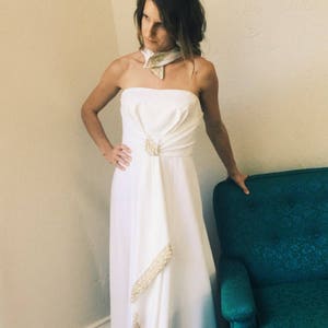1960s grecian strapless wedding/evening dress - 60s white Mike Benet Formals rhinestone long formal dress - medium