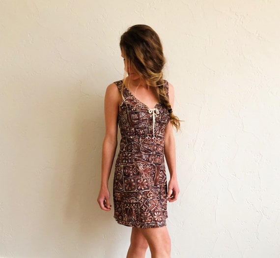 70s Hawaiian print mini dress-1970s brown novelty