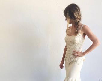 Vintage Sue Wong ivory lace cocktail dress -  Designer 2 piece iridescent sequin party/wedding dress - medium