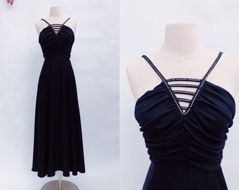 Vintage 70s disco party dress - 1970s Charlies Angels Studio 54 black rhinestone maxi cocktail dress - medium