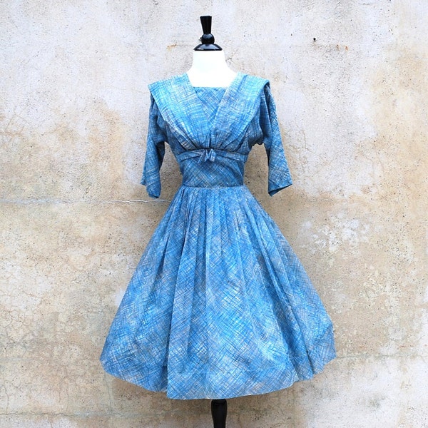 1950 lush blue Audrey dress/silk and organza pleated day dress/ 50s cocktail dress/ medium