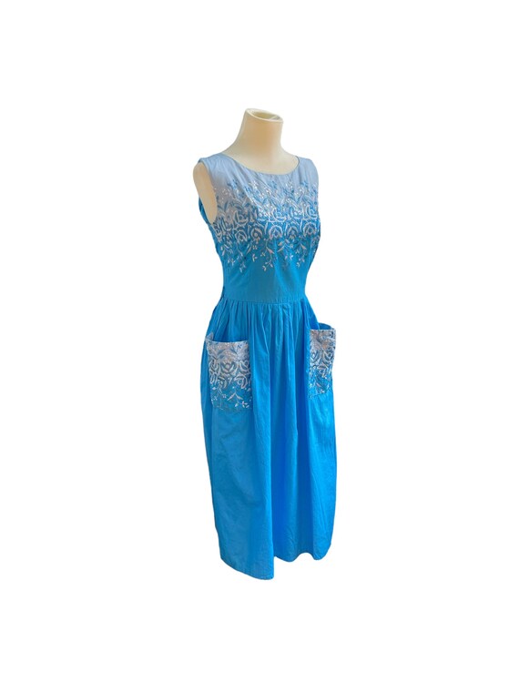 50s summer cotton day dress-1950s turquoise embro… - image 5