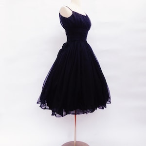 1950s  black tulle organza cocktail dress - 50s "new look"  tea length full skirt rhinestone strap party prom dance dress-small