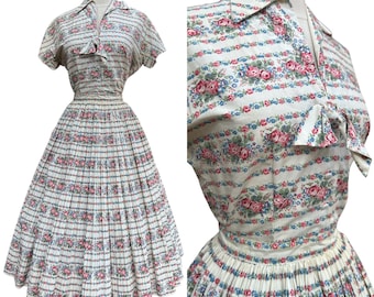 50s Koret of California cotton day dress-1950s top and full pleated skirt outfit-small