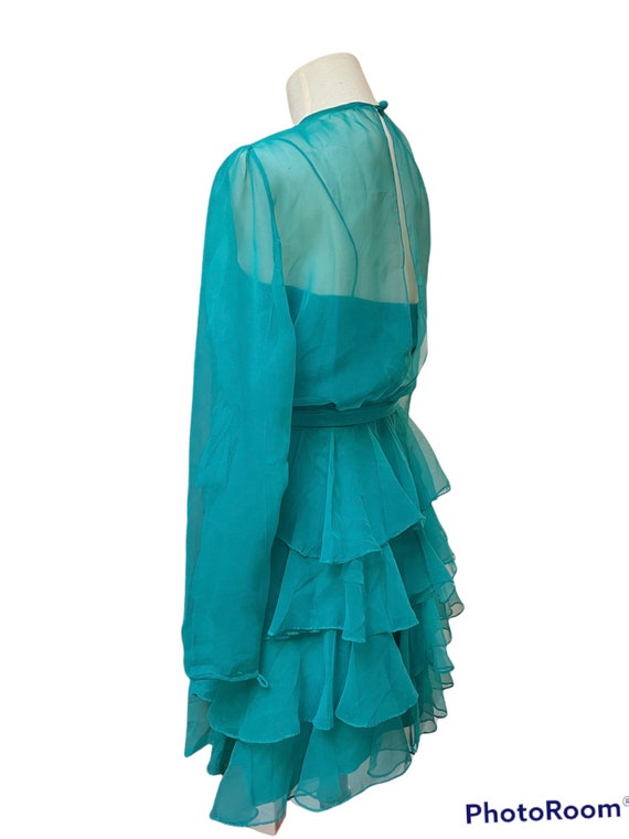 Vintage 60s emerald green ruffled cocktail dress-… - image 3