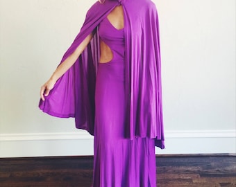 Rare authentic 60s Pucci Designer Dress | Magenta Jersey Cutout Maxi Gown with Flowing Cape Sleeves