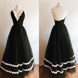 Vintage 70s black and white formal halter dress-1970s floor length black tulle white lace backless dress - extra small