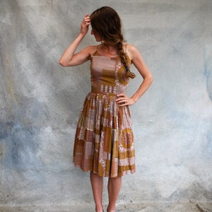 50s cotton summer sundress - 1950s brown and tan pleated full skirt spaghetti strap dress- small