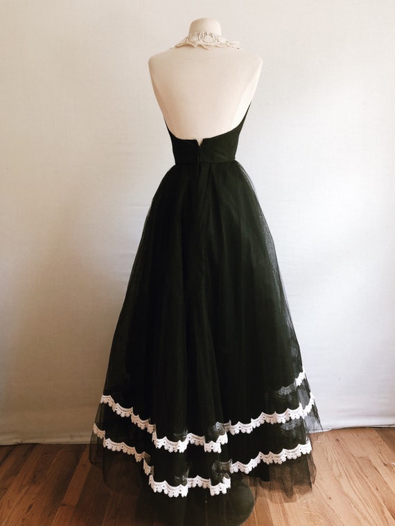 Vintage 70s Black and White Formal Halter Dress-1970s Floor