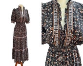 Vintage 70s boho Gunne Sax style prairie dress- 70s black floral hippie rayon floral print maxi dress -s m