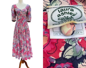 Vintage 80s iconic Laura Ashley floral midi dress-1980s designer cotton garden rose dress-medium