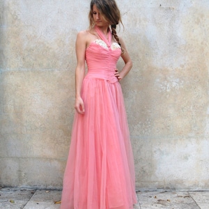 1950s formal floor length dress / 50s strapless pink silk tulle evening dress - extra small