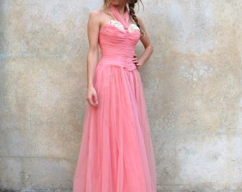 1950s formal floor length dress / 50s strapless pink silk tulle evening dress - extra small