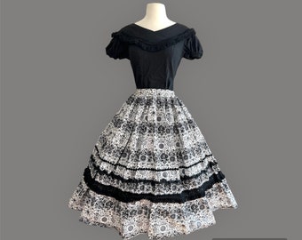 50s black and white cotton day dress-1950s Mad Men top and full skirt outfit-small