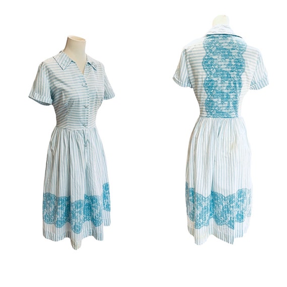 Vintage 50s blue and white striped day dress- 195… - image 1