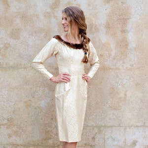 Rare collectible Ceil Chapman 1950s champagne damask cocktail / wedding dress - medium