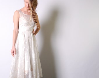 1950s sheer ivory teal length wedding dress- 50s off white crisp silk batiste feminine summer dress - x small