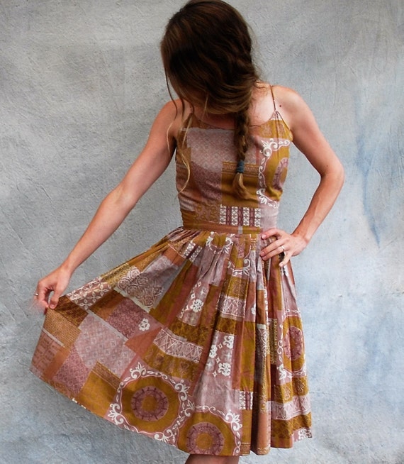 50s cotton summer sundress - 1950s brown and tan … - image 2
