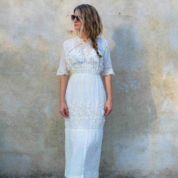 Early 1900s antique Edwardian tea dress - 1920s ivory embroidered wedding dress- - x small/small