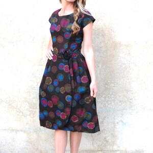 1950s Audrey watercolor graphic cocktail dress- 50s brown raw silk bubble skirt dress- small