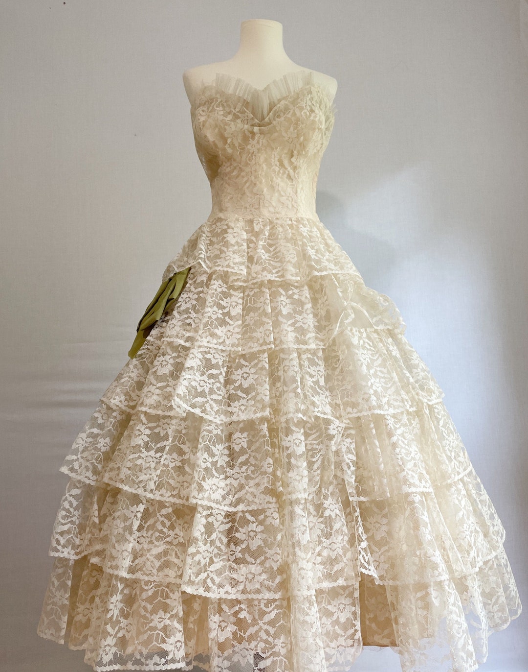 Vintage 50s Ivory Lace Tiered Wedding Dress-50s Strapless Tea Length ...