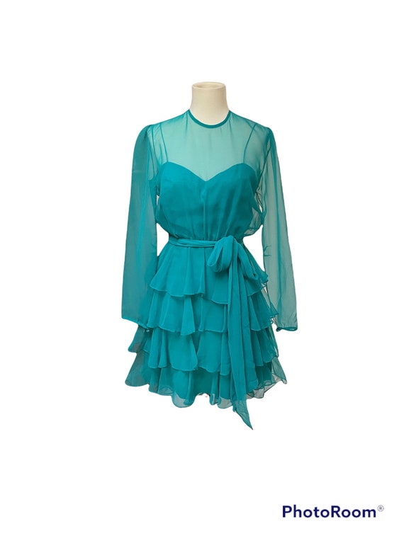 Vintage 60s emerald green ruffled cocktail dress-… - image 1