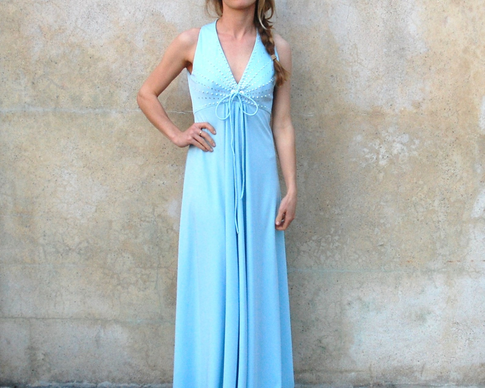 1970's Carrie Couture Powder Blue Maxi Dress 70s Floor Length Disco
