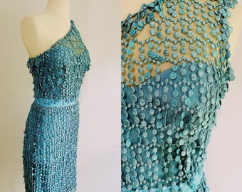 Designer Lorena Sarbu cocktail dress- aqua blue short, one shoulder party dress-extra small
