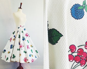Vintage 50s white pique cherry floral circle skirt - 1950s full mid length novelty summer skirt - small