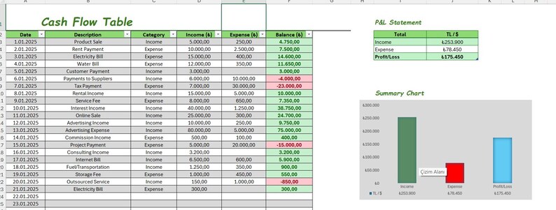 May include: A spreadsheet labelled "Cash Flow Table" showing financial data, including income, expenses, and balance. A P&L statement and a summary chart with green, red, and blue bars are also displayed.
