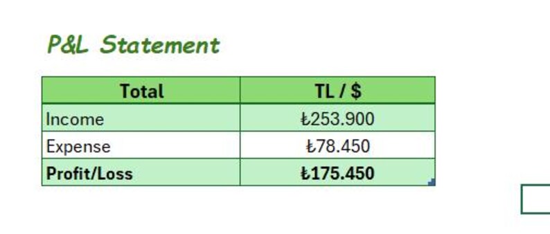 May include: A green and white P&L Statement table with the title "P&L Statement" in green. The table shows "Income", "Expense", and "Profit/Loss" with corresponding monetary values in Turkish Lira and US dollars.