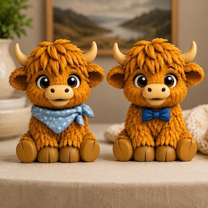 Highland Cow STL Bundle 2 Poses Kawaii Valentine Cow Figurine 3D Print File Cute Baby Cow Heart Flower Bow Farmhouse Decor Shelf STL Files
