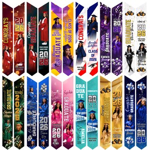 May include: Graduation sashes in various colors, featuring photos of graduates and the text "Congrats Graduate" and "Class of 2026." Each sash includes space for a school name. The sashes are decorated with balloons and other celebratory elements.
