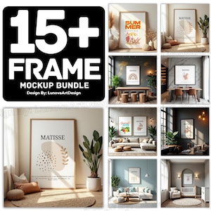 May include: A mockup bundle of 15+ frames, showcasing various art prints in different interior settings. The frames feature art with summer themes, abstract designs, and the name "MATISSE". The bundle is designed by LunovaArtDesign.