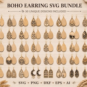 May include: A digital display of a Boho Earring SVG Bundle featuring 50 unique designs of light-coloured wooden teardrop earrings with intricate laser-cut patterns, including floral, celestial, and geometric motifs, with file formats listed below.