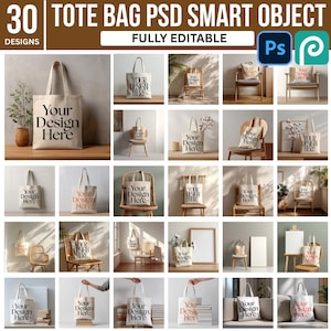 以下が含まれることがあります： さまざまなフォントと色で「Your Design Here」というテキストが特徴の30種類のトートバッグのデザインコレクション。バッグは椅子の上や植物と一緒に、さまざまな環境で表示されます。画像には「TOTE BAG PSD SMART OBJECT」と「FULLY EDITABLE」というテキストも含まれています。